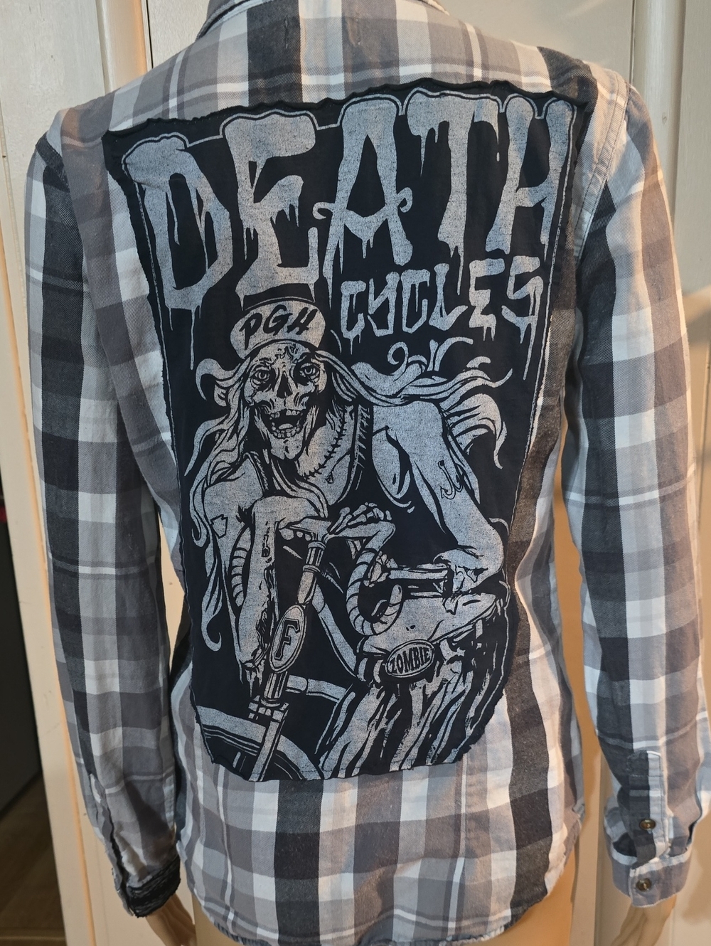 Upcycled Gray Flannel Shirt with Bike Graphic Back Patch